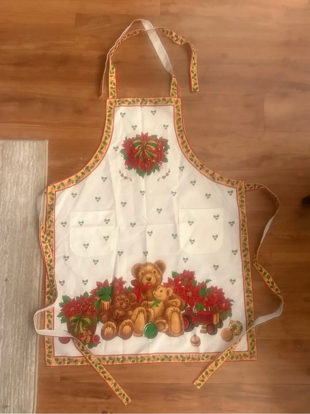 Handmade Christmas Bears Tie Back Apron Holiday Teddy Bears Pointsetta Apron
